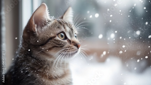 A cat looks out the window on a snowy winter day.