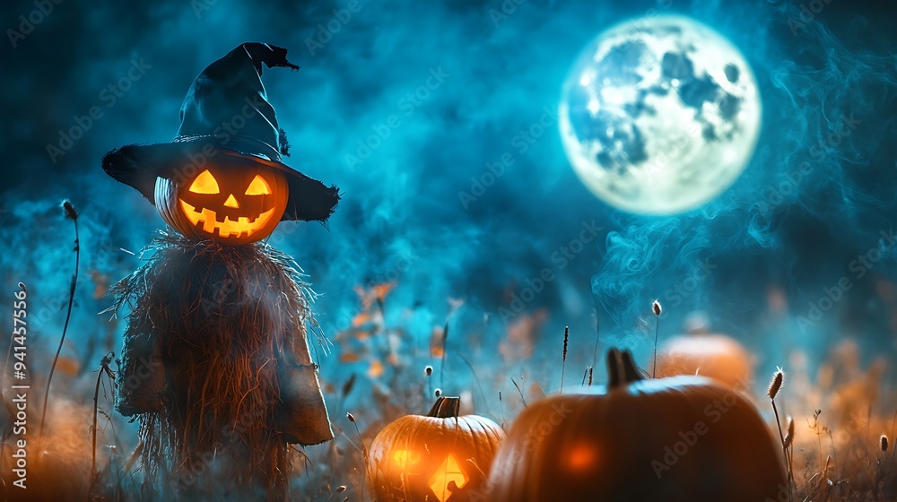 Spooky Halloween Night Scene with Full Moon, Scarecrow, Pumpkins, and Smoke in Field - Halloween Concept Background Spooky Halloween Night Scene with Full Moon, Scarecrow, Pumpkins, and Smoke in Field - Halloween Concept Background