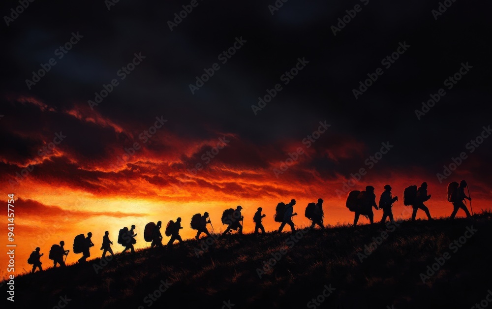 A group of adventurers hiking against a dramatic sunset, capturing the spirit of exploration and camaraderie in nature. A group of adventurers hiking against a dramatic sunset, capturing the spirit of exploration and camaraderie in nature.