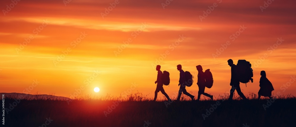 A group of hikers trekking against a stunning sunset backdrop, capturing the spirit of adventure and exploration in nature. A group of hikers trekking against a stunning sunset backdrop, capturing the spirit of adventure and exploration in nature.