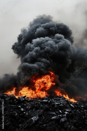 A dramatic scene of smoke and fire rising from a pile of debris, showcasing the intensity of a burning moment.