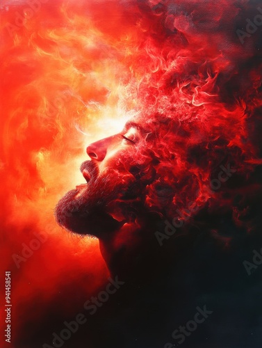 A mesmerizing image of a man's profile engulfed in vibrant red smoke, symbolizing passion, power, and creativity.