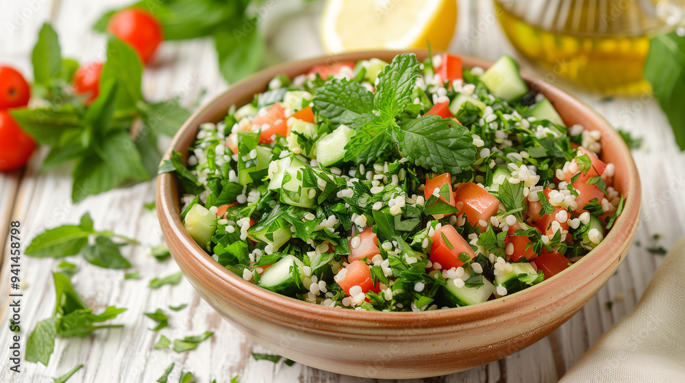 a bowl of tabbouleh salad, made with bulgur wheat, fresh parsley, mint, tomatoes, and cucumbers, dressed with lemon juice and olive oil, set on a light wooden table with scattered fresh herbs