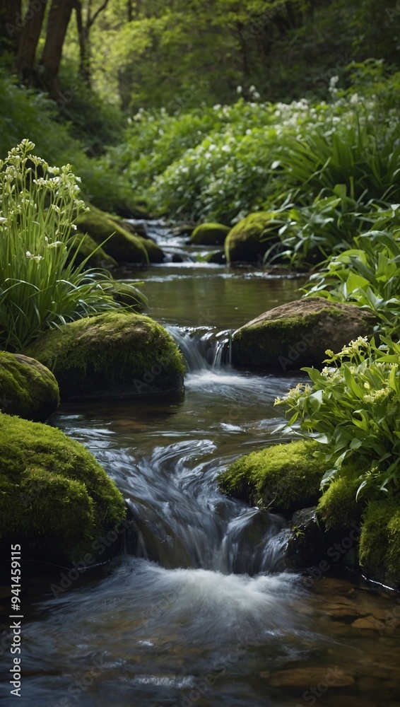 A detailed springtime scene featuring a freshwater stream and lush plants A detailed springtime scene featuring a freshwater stream and lush plants