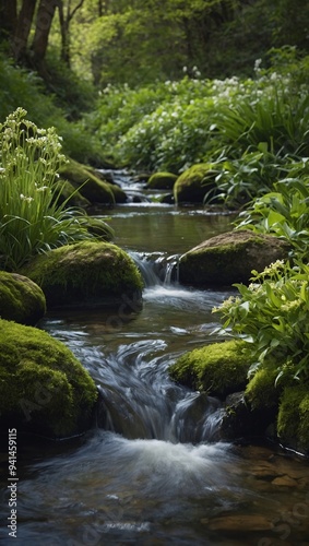 A detailed springtime scene featuring a freshwater stream and lush plants