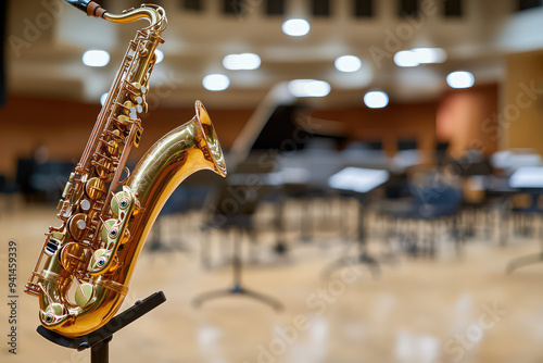 A gleaming baritone saxophone stands in a music hall, inviting melodies to fill the air with rich, soulful jazz undertones.