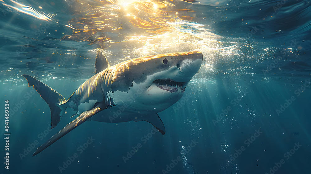 Fototapeta premium Great White Shark Underwater with Sun Rays Photo