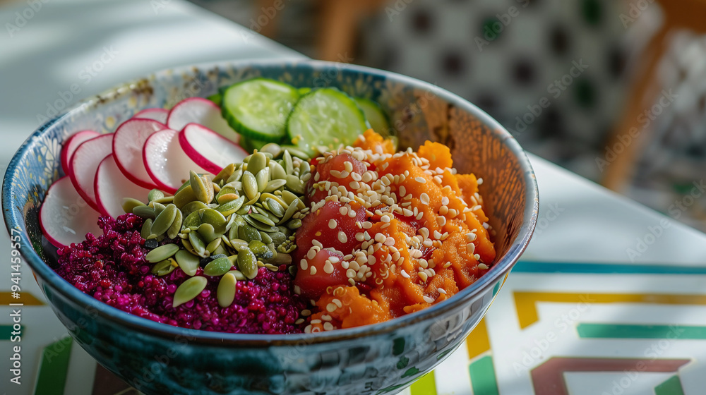 a colorful grain bowl with quinoa, beet hummus, cucumber, radishes, and pumpkin seeds, set on a modern white table with geometric patterns in the background a colorful grain bowl with quinoa, beet hummus, cucumber, radishes, and pumpkin seeds, set on a modern white table with geometric patterns in the background