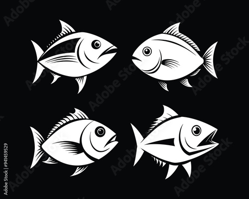  Set of black White fish silhouettes.