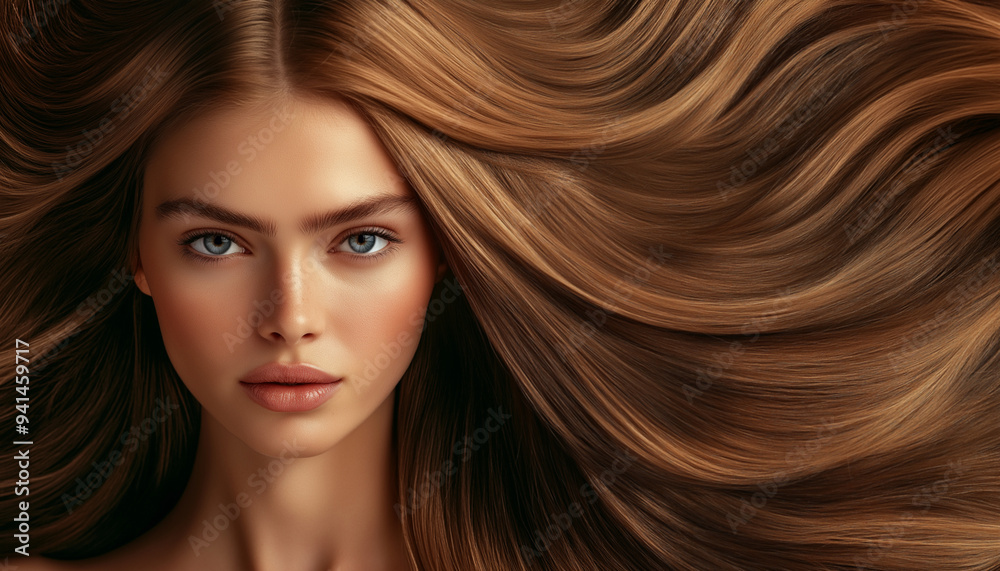 Pretty young woman with dark long groomed hair on autumn foliage background. Brown hair care products banner template, hair salon Pretty young woman with dark long groomed hair on autumn foliage background. Brown hair care products banner template, hair salon