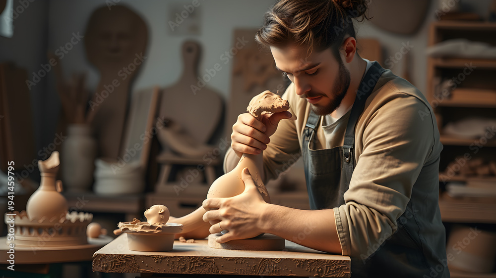 Artist who makes sculptures from clay. Ceramic paste. Generative AI Artist who makes sculptures from clay. Ceramic paste. Generative AI