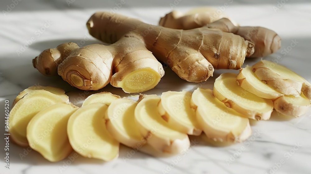 Fresh Ginger Roots and Slices on Marble Surface Fresh Ginger Roots and Slices on Marble Surface