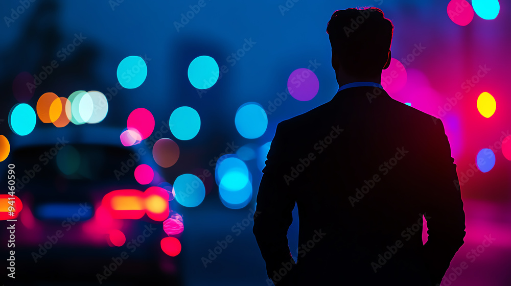 A person in a suit stands silhouetted against vibrant city lights, creating a striking urban nighttime scene. A person in a suit stands silhouetted against vibrant city lights, creating a striking urban nighttime scene.