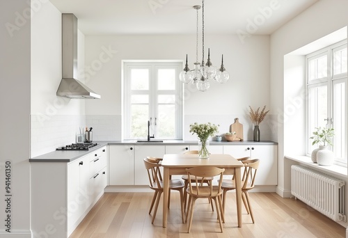 Minimalist Farmhouse Kitchen: White Ceiling, Wooden Table, and Chandelier