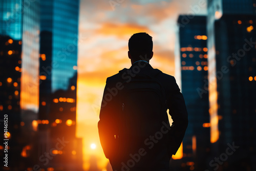 A silhouette of a man against a vibrant sunset in an urban setting, symbolizing ambition and city life.