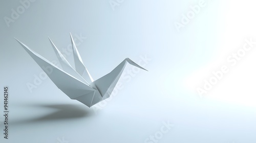 CG Floating Paper Crane: A detailed CG origami paper crane, floating delicately on a clean white background. 