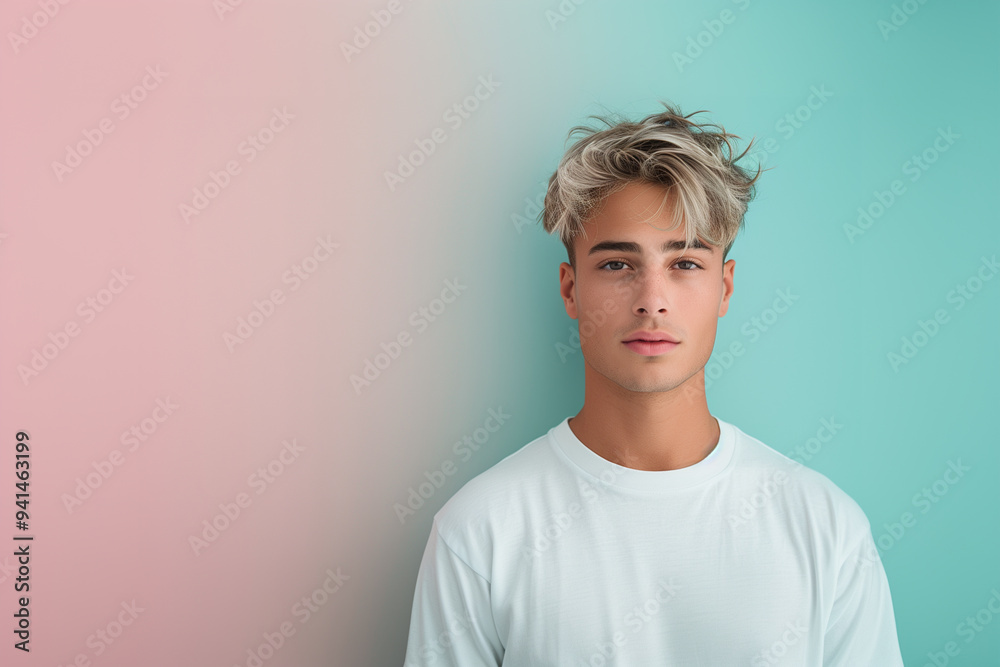 Portrait of a young man with tousled blonde hair, standing against a gradient pink and blue background, wearing a white t-shirt, exuding a calm and stylish vibe. Portrait of a young man with tousled blonde hair, standing against a gradient pink and blue background, wearing a white t-shirt, exuding a calm and stylish vibe.