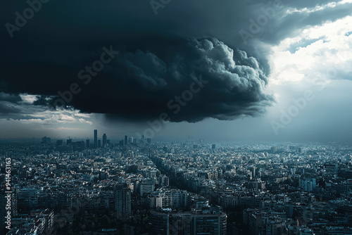 A formidable dark cloud looms ominously over a sprawling city, casting shadows and evoking feelings of impending weather chaos. photo