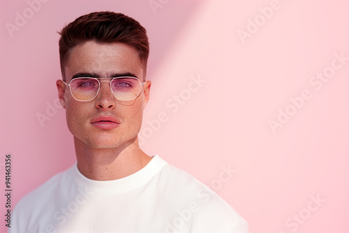 A young gay man with short hair and glasses poses confidently against a pink background, his serious gaze reflecting a modern and sophisticated style.