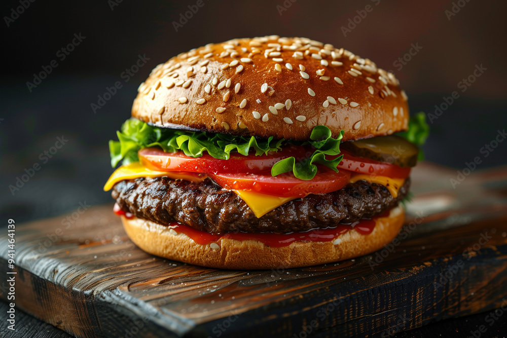 Delicious beef burger with fresh vegetables and cheese Delicious beef burger with fresh vegetables and cheese