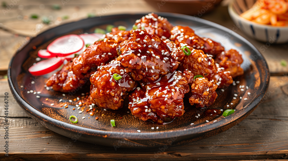 a plate of crispy Korean fried chicken, drizzled with a spicy sauce and sprinkled with sesame seeds, served with pickled radishes on a rustic wooden table a plate of crispy Korean fried chicken, drizzled with a spicy sauce and sprinkled with sesame seeds, served with pickled radishes on a rustic wooden table