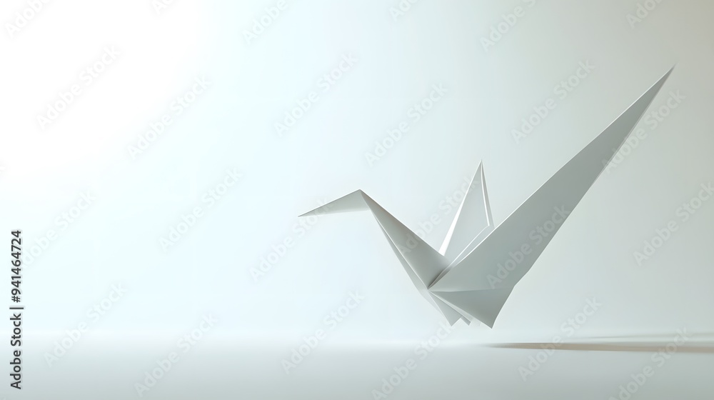 CG Floating Paper Crane: A detailed CG origami paper crane, floating delicately on a clean white background.
