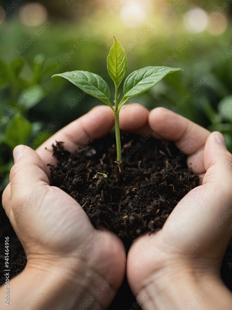 A delicate seedling is tenderly held by hands, with a lush garden scene in the background, symbolizing nature's value A delicate seedling is tenderly held by hands, with a lush garden scene in the background, symbolizing nature's value