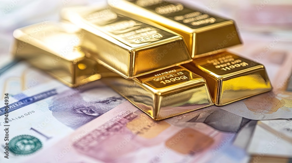 A close-up of shiny gold bars resting on various banknotes, symbolizing wealth and investment in precious metals. A close-up of shiny gold bars resting on various banknotes, symbolizing wealth and investment in precious metals.