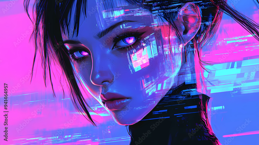 Fototapeta premium Anime Manga Art Synthwave Girl with Cool Vibes Phone Wallpaper Background