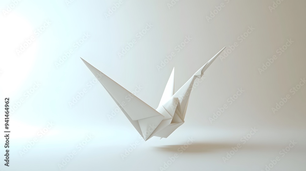 Fototapeta premium CG Floating Paper Crane: A detailed CG origami paper crane, floating delicately on a clean white background. 