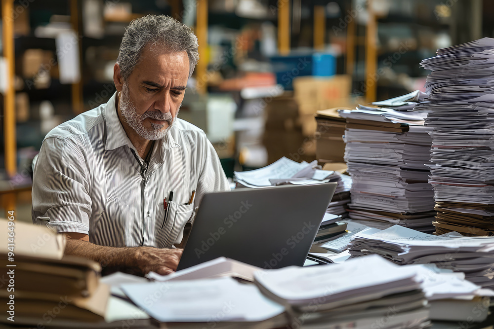 A dedicated hiring manager immersed in reviewing resumes and cover letters in a cluttered workspace filled with paperwork. A dedicated hiring manager immersed in reviewing resumes and cover letters in a cluttered workspace filled with paperwork.