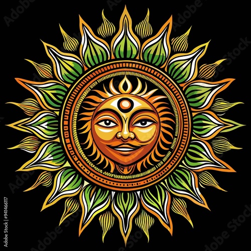 Ornate illustration of a sun face surrounded by vibrant leaves and dynamic rays
