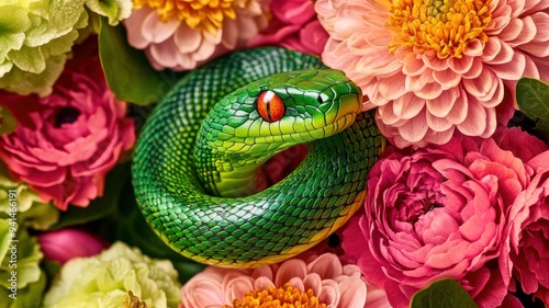 Green wooden snake coiled a...