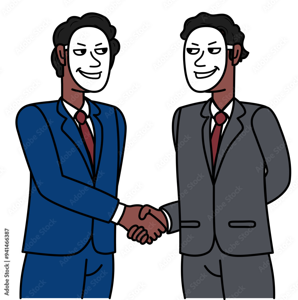 black businessmen shaking hands with mask smiling and showing falsehood.eps black businessmen shaking hands with mask smiling and showing falsehood.eps