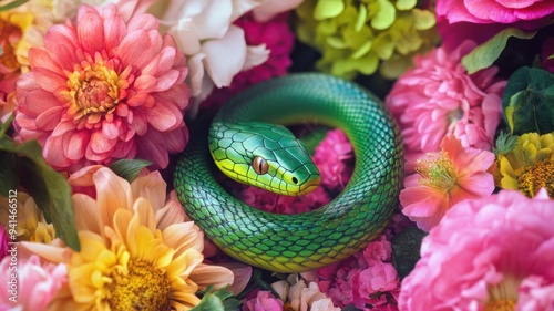 Green wooden snake coiled a...