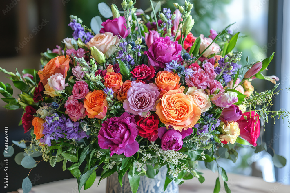 Obraz premium A Beautifully Arranged Lush Bouquet of Colorful Flowers Bringing Joy and Serenity to Any Space with Their Lively Colors