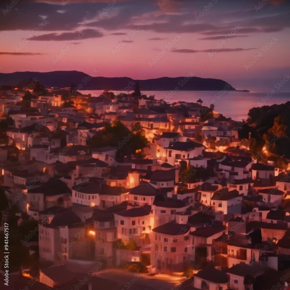 Sunset over a picturesque coastal town.
Sunset over a picturesque coastal town.