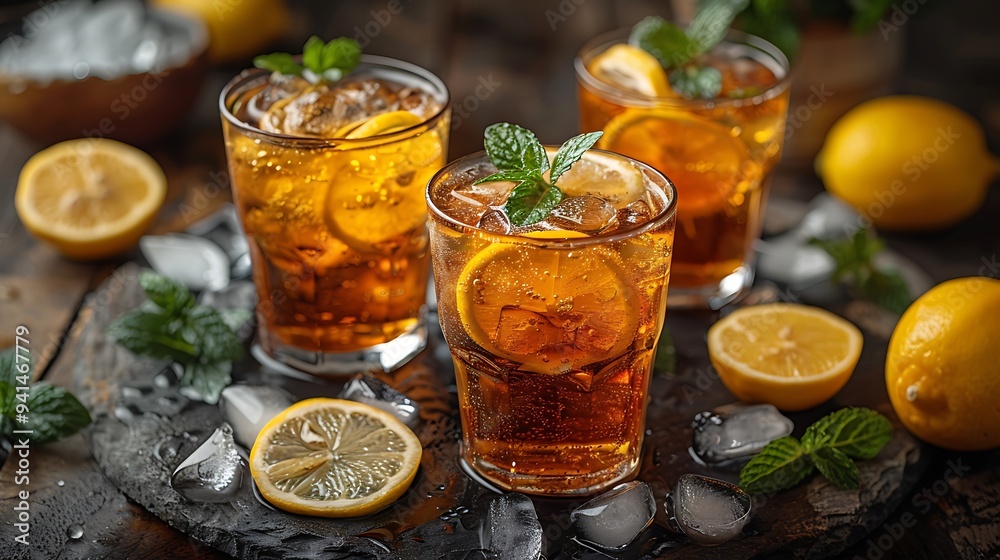 Refreshing iced tea with lemon slice and mint, Refreshing iced tea with lemon slice and mint,