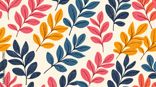  pattern with colorful autumn leaves in blue, orange, and pink on a light background, perfect for textile and wallpaper designs.