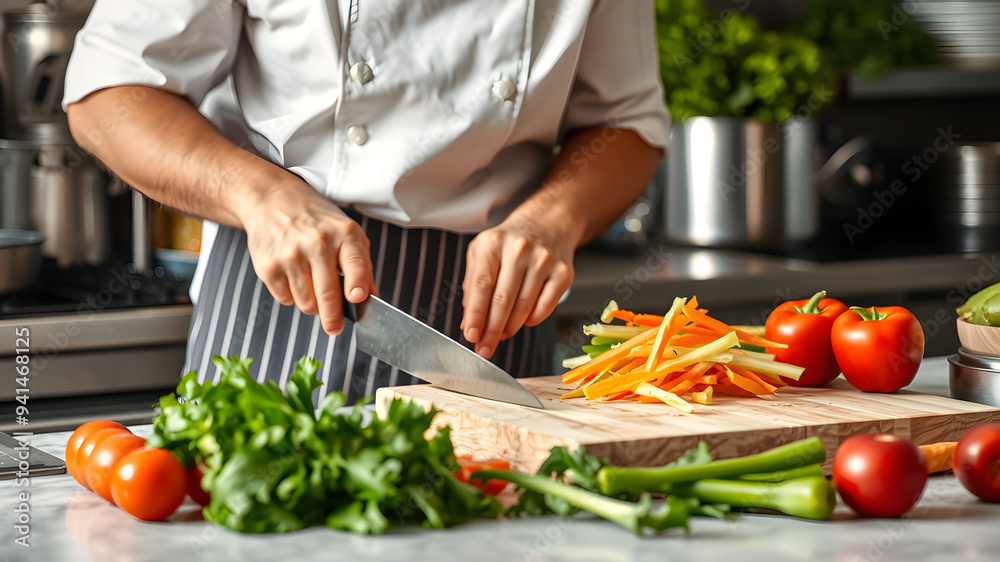 Chef cutting vegetables in restaurant kitchen. Generative AI Chef cutting vegetables in restaurant kitchen. Generative AI