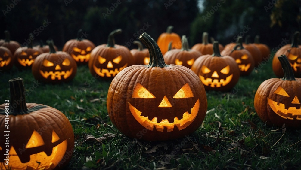 Halloween Festival Craved Pumpkins jack-o-lantern in garden Halloween Festival Craved Pumpkins jack-o-lantern in garden