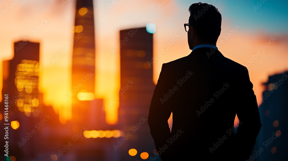 Businessman in a suit watches a stunning sunset over the city skyline, capturing a moment of reflection and ambition. Businessman in a suit watches a stunning sunset over the city skyline, capturing a moment of reflection and ambition.
