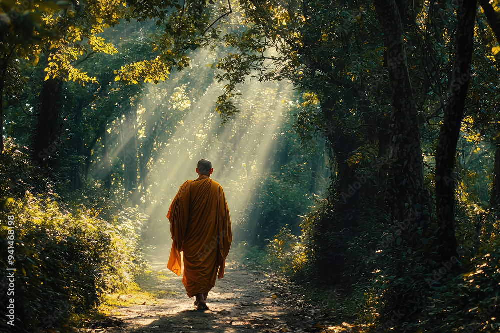 A captivating journey of a monk walking gracefully through a sunlit forest, embracing tranquility and inner peace in nature.