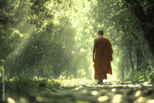 A Tranquil Journey: A Monk Walking Mindfully in a Sunlit Forest, Glowing with Life and Peaceful Reflection photo