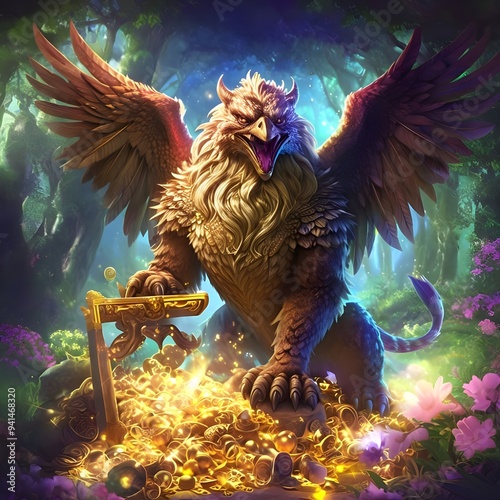  a griffin guarding a hidden treasure in a magical forest photo