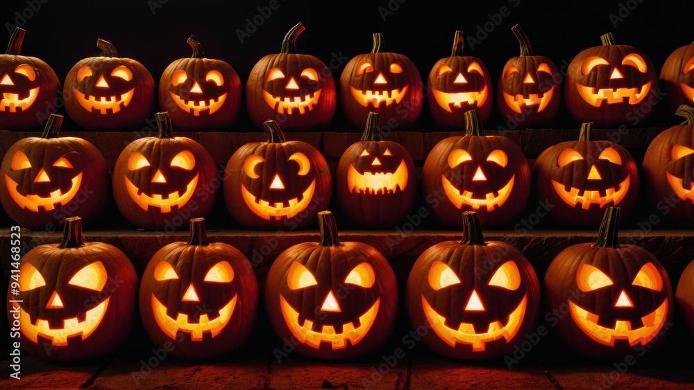 Festive carved jack-o-lantern pumpkins lined up for Halloween celebration at night Festive carved jack-o-lantern pumpkins lined up for Halloween celebration at night