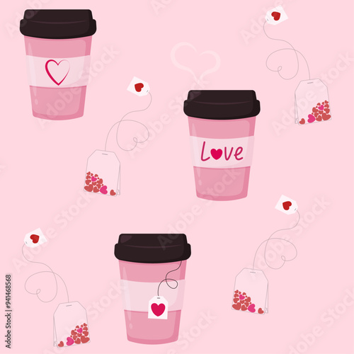 Vector illustration with pink glass and tea bag for Valentine's Day in pink colours.