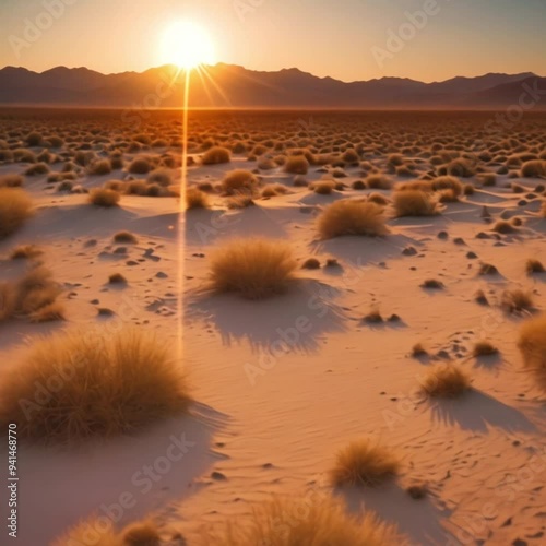 Sunrise over a sprawling desert landscape.
