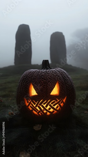 Spooky Halloween pumpkin lantern with a carved face, glowing from inside, set against a dark background, embodying a scary, autumn holiday atmosphere photo