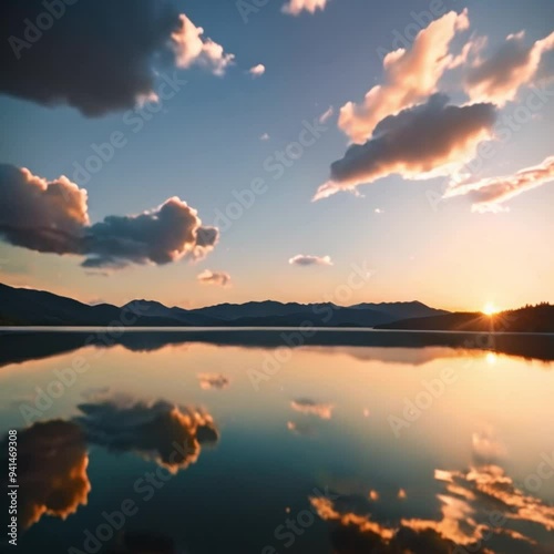 Sunset over a peaceful mountain lake.
